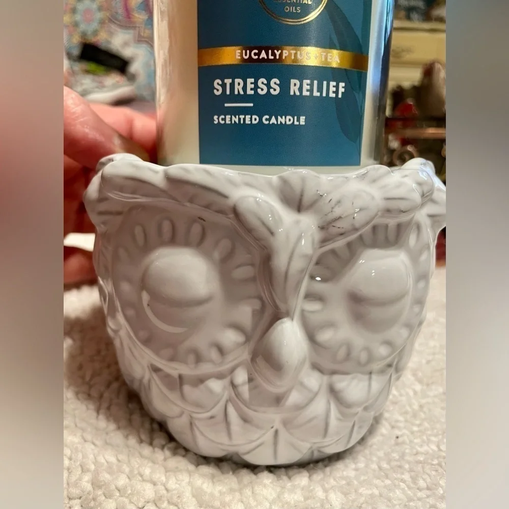 🦉PORCELAIN OWL White & Grey Sleeping Single Wick Holder Bath & Body RARE